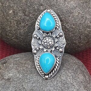 Boho Southwest Turquoise Sterling Silver Sunflower Flower Ring Size 7